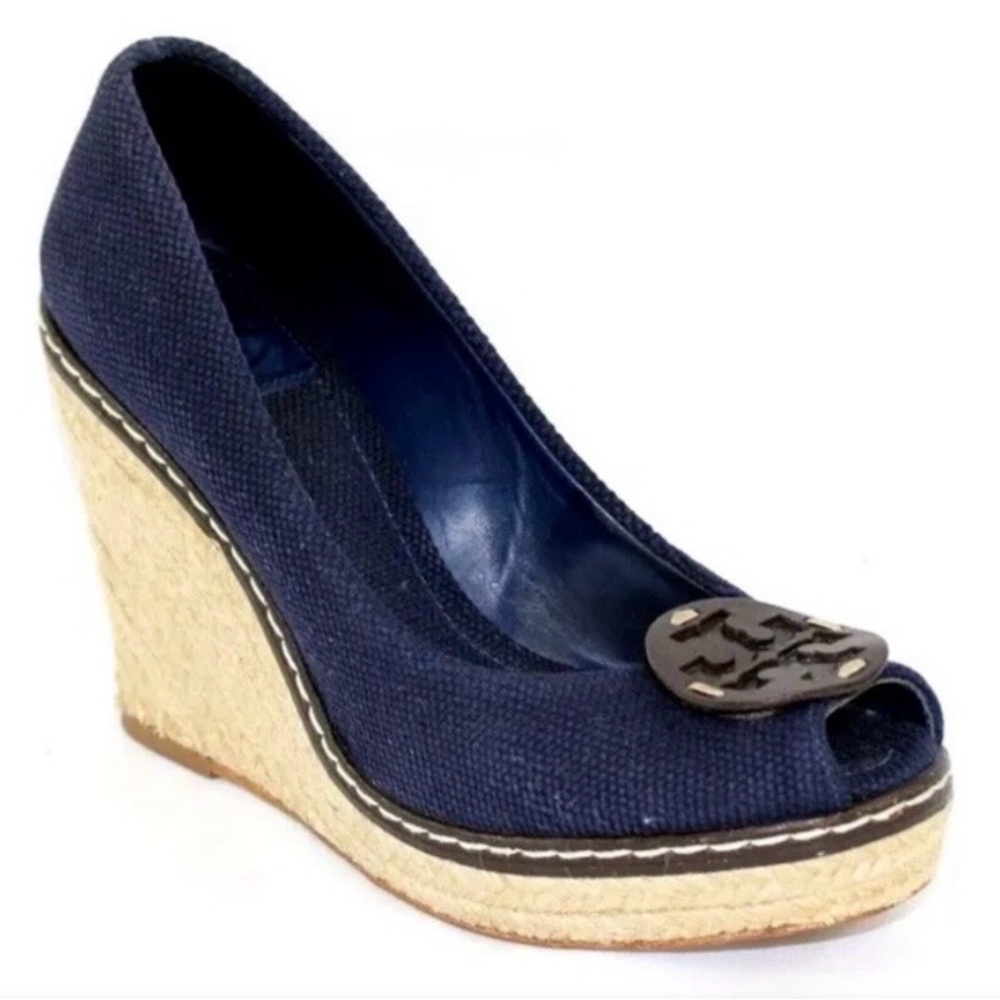 Tory Burch  Blue Canvas Wedge Espadrilles - Size 9